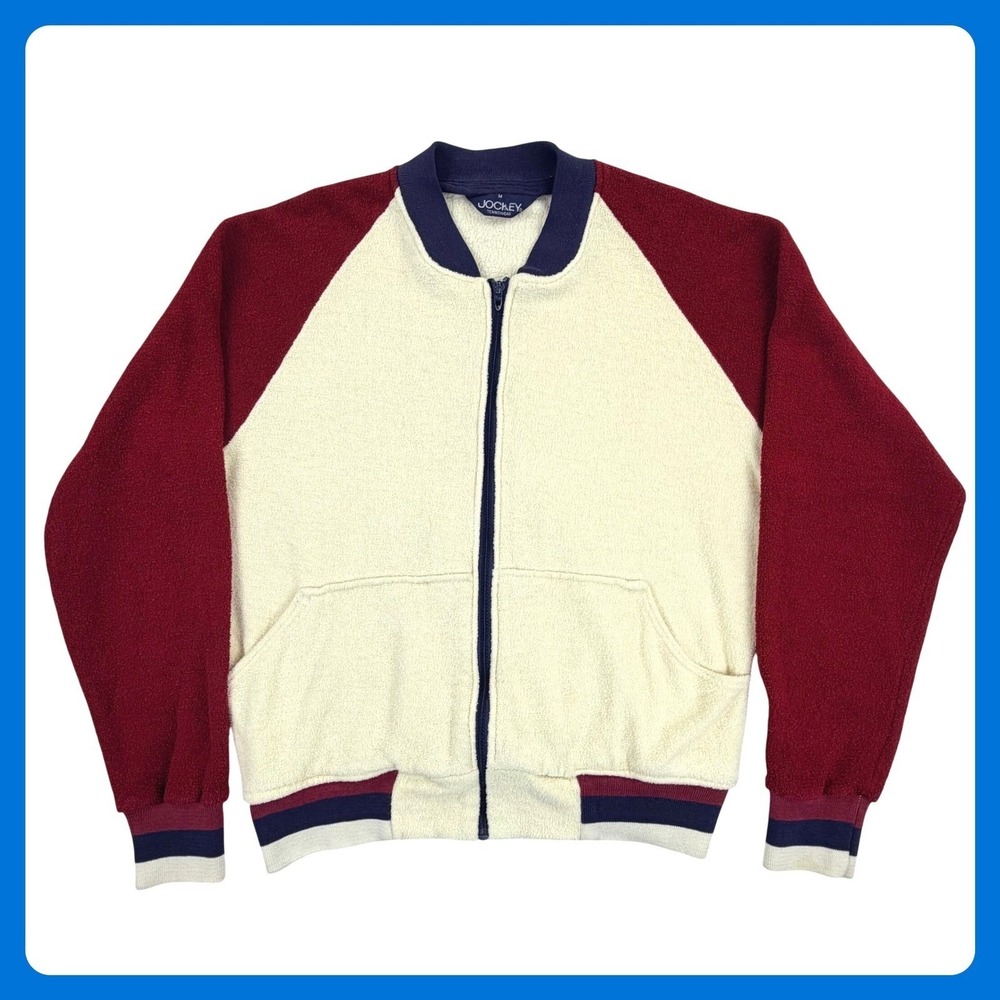 Vintage Jockey Terry Cloth Jacket Women Medium Cream Red Bomber Tenniswear 70s